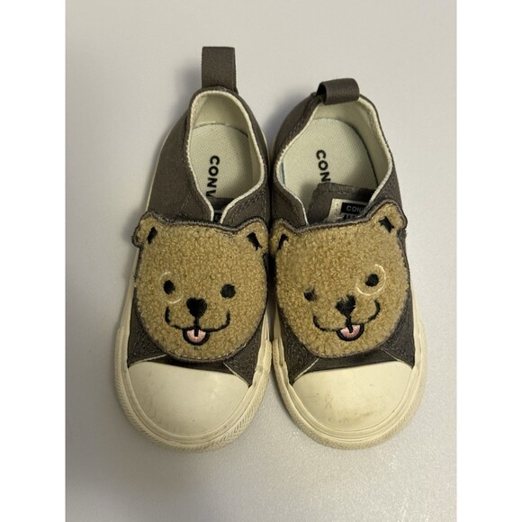 Converse Toddler Bear Face Slip-On Sneakers Size 7 Brown Beige Fuzzy Animal Shoe - Picture 2 of 3